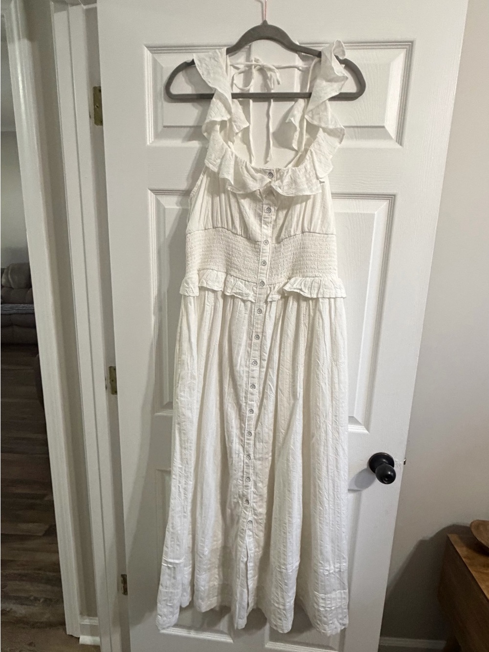 Pilcro White Ruffle-Trim Button-Front Maxi Dress